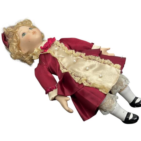 Porcelain Girl Doll in Burgundy Victorian Dress with Blonde Curls - Picture 9 of 11